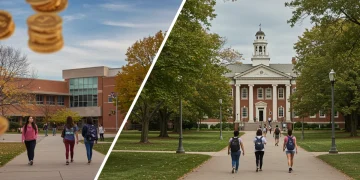 Community college building vs. four-year university campus comparing educational paths