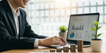 Employee confidently reviewing 401(k) statements on a laptop for 2025 financial planning.